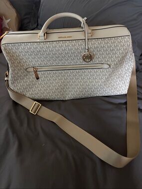Michael Kors Cream & Beige MK Logo Travel Weekender Bag
